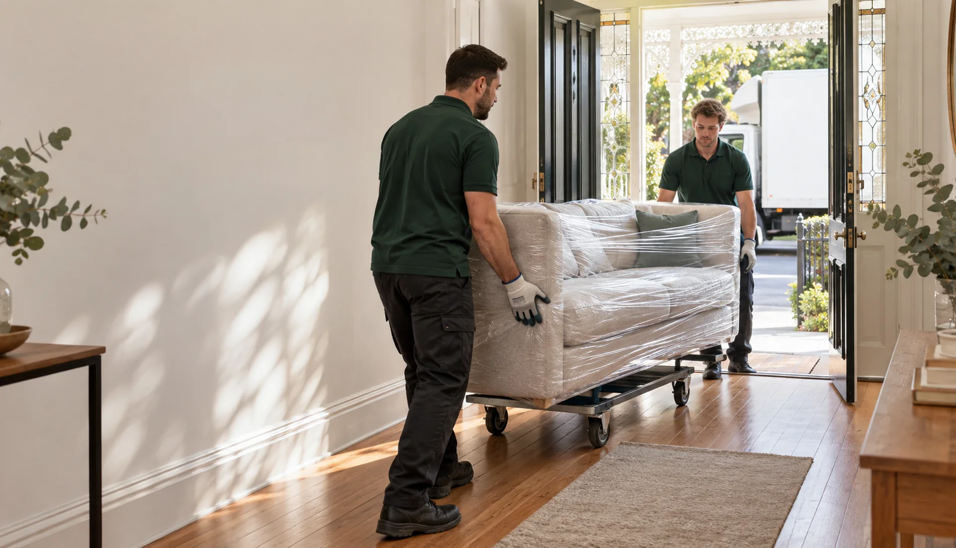 Furniture removalists moving a protected sofa from a Melbourne home to a truck
